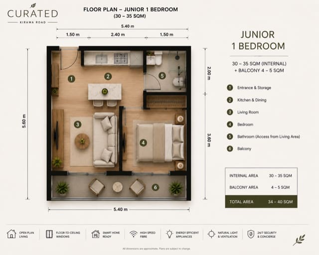 Curated Kirawa Road Junior One Bed floor plan showing the entrance, kitchen, living room, bedroom, bathroom, and balcony