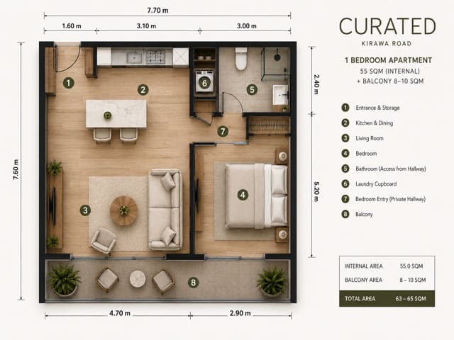 Curated Kirawa Road One Bed floor plan showing the entrance, kitchen, living room, private bedroom hallway, laundry, bathroom, and balcony